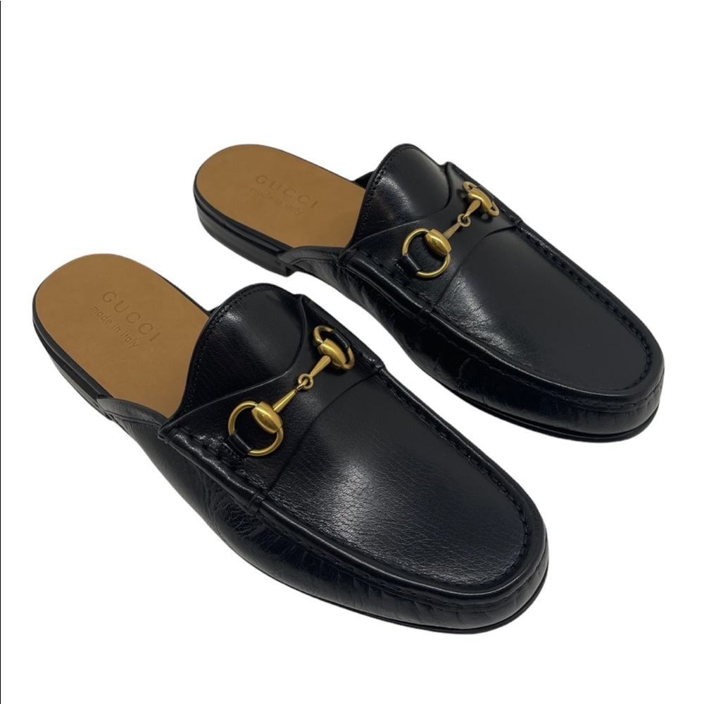 Gucci Black Princetown Leather Slides with Gold Accents